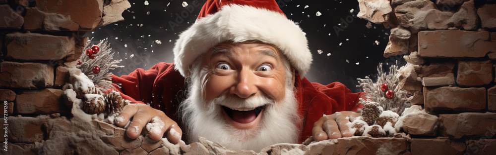 happy Santa Claus peeking out of a hole in wall happy Santa Claus peeking out of a hole in wall