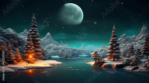 christmas backdrop christmas, in the style of luminous landscape painting, dark orange and turquoise, photo-realistic landscapes, night photography