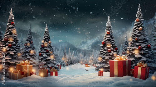 snowy christmas night with christmas trees and some presents on the snow, in the style of photo-realistic landscapes, red and aquamarine, large-scale canvas, dark crimson and gold photo