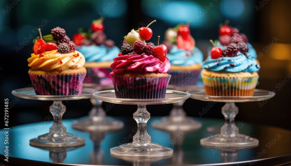 Photo of Delicious Cupcakes with a Variety of Toppings on a Glass Plate