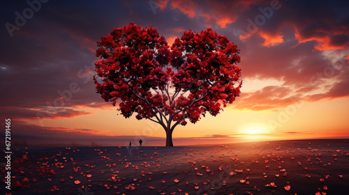 Heart shaped tree at sunset, love for nature concept.