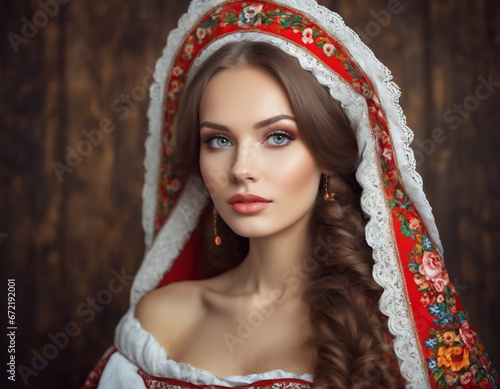 a woman in a red and white dress with a red veil on her head and a red and white scarf on her head, russian girl in national clothes