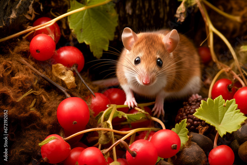 Close up of a Eurasian wood mouse or field mouse Apodemus sylvaticus findind berries for food