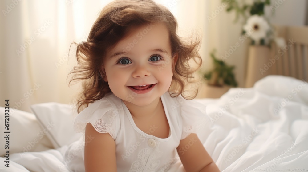 A beautiful child smiles on a white bed in a bright room. A beautiful child smiles on a white bed in a bright room.