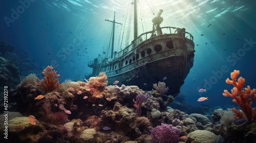 Wreck of the ship with scuba diver photo