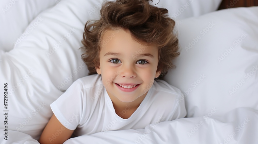 A beautiful child smiles on a white bed in a bright room. A beautiful child smiles on a white bed in a bright room.
