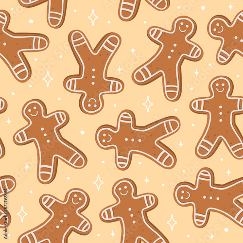 Christmas pattern with a gingerbread man cookie. New Year decor. Perfect for wrapping paper. Vector.