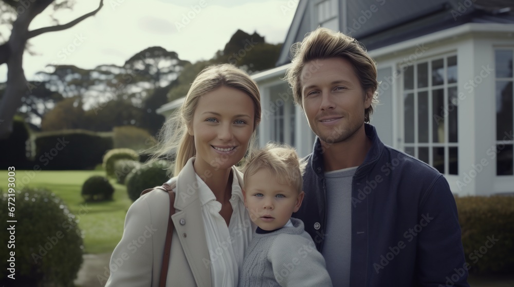 Happy smiling family hugging against the backdrop of a new big house, 4k resolution, high detail, professional photo
