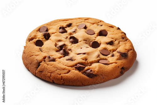 A delicious-looking chocolate chip cookie on a white background.