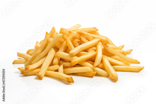 A pile of golden brown french fries on a white background.