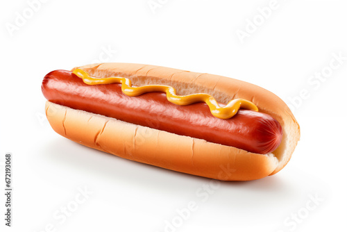 A hot dog with mustard on a bun on a white background.