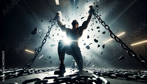 Hombre musculoso rompiendo cadenas con fuerza, simbolizando libertad y empoderamiento, bajo un ambiente emocionante e impactante. photo