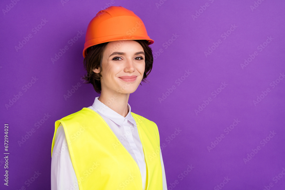 Profile photo of optimistic nice brunette hair lady wear builder uniform isolated on vivid purple color background Profile photo of optimistic nice brunette hair lady wear builder uniform isolated on vivid purple color background