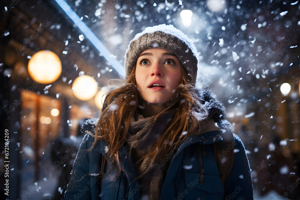 Portrait of a beautiful girl in a hat and coat on the background of a winter city ai generated art Portrait of a beautiful girl in a hat and coat on the background of a winter city ai generated art