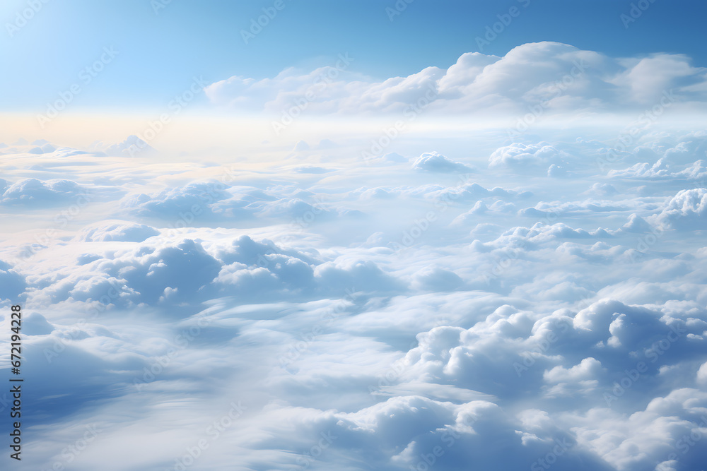 Aerial view of white clouds in blue sky. View from airplane window ai generated art