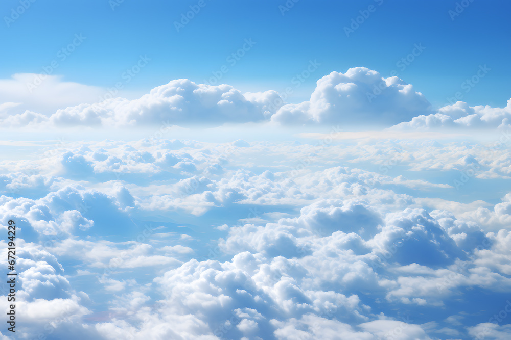 Aerial view above white clouds in blue sky. 3d illustration ai generated art