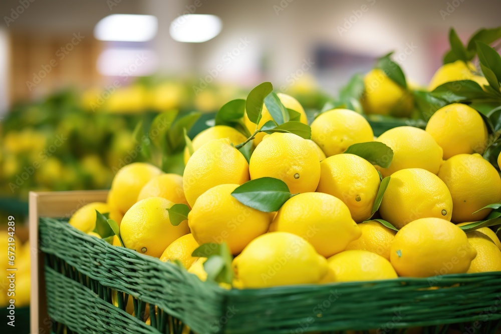 Pile of organic lemons in supermarket aisle. Close up shot. Horticultural, agricultural industry concept Pile of organic lemons in supermarket aisle. Close up shot. Horticultural, agricultural industry concept