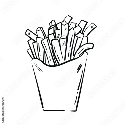 French fries flying to paper box. Sketch style hand drawn illustration. Fried potato. Fast food retro artwork. Vector image Isolated on white. For menu, design, flyers