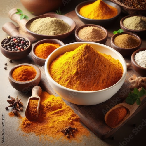spices and herbs on a bowl on wooden table