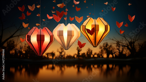 burning heart on fire, Beautiful horizontal background with kongming chinese lanterns and place for text. backdrop with traditional photo