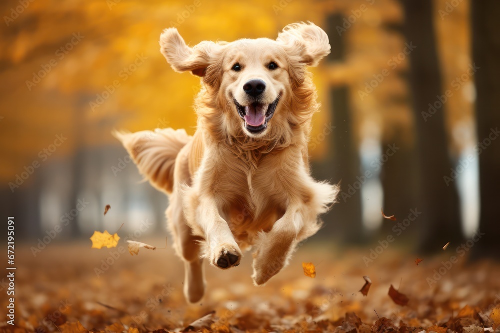 happy golden retriever dog running and jumping in autumn park happy golden retriever dog running and jumping in autumn park
