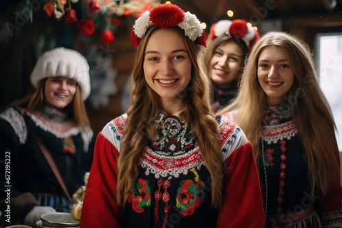 young women in flower crowns and costumes celebrating Maslenitsa in winter. Slavic celebrations. 