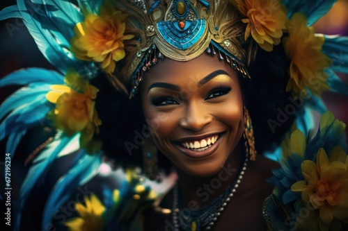 diverse beautiful woman face closeup dressed in costume with colorful feathers and makeup at Brazil carnival closeup portrait. Non western culture celebration. © Dina