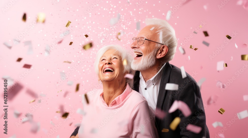 happy senior couple celebrating New Year at party with confetti on pink background. Retired married people. Happy long marriage. Festive poster of elderly person at holiday celebration happy senior couple celebrating New Year at party with confetti on pink background. Retired married people. Happy long marriage. Festive poster of elderly person at holiday celebration