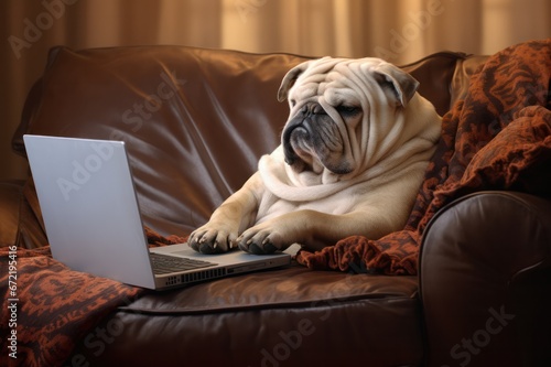 grumpy English bulldog working on laptop on the couch