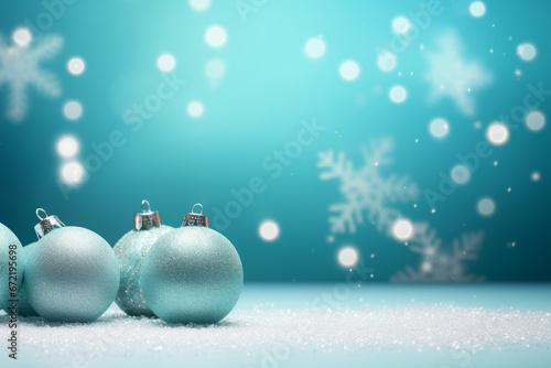Christmas Card - Holiday baubles and decorative snowflakes on a turquoise pastel background - with space for text