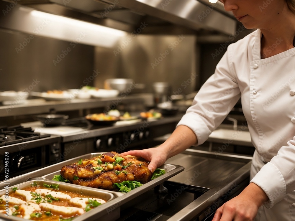 A delicious gourmet dish in a luxury restaurant kitchen is being prepared and waiting to serve