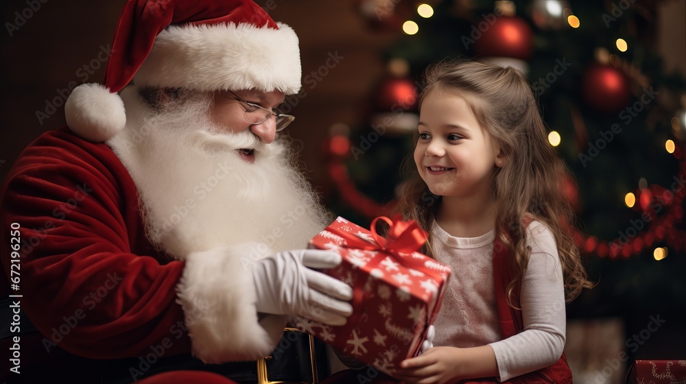Santa Claus and adorable girl in pajamas preparing gifts for Christmas Santa Claus and adorable girl in pajamas preparing gifts for Christmas