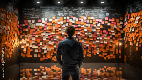 Businessman looking at wall with a lot of sticky notes. Ideas and innovation concept