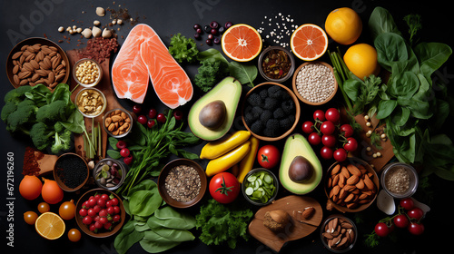 Collection of Healthy Food  Vegetables and Fruits  Vegan Nutrition. Top Up View. Ai generative.