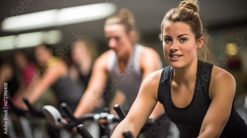 Portrait of smiling young woman on exercise bike in fitness studio.