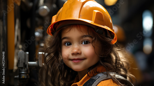 Girl in yellow construction helmet. © andranik123