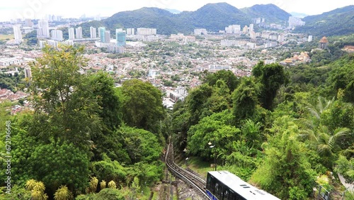 Funicular going to the top station in Penang Hill with George Town aerial view, Malaysia photo