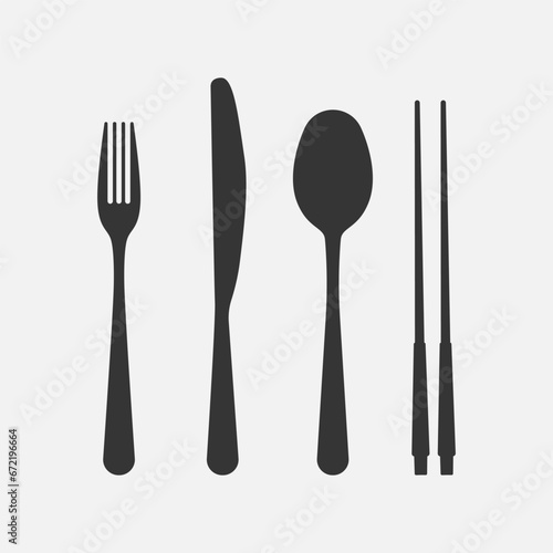 Cutlery black icon set. Fork, knife, chopsticks and spoon.  Vector	