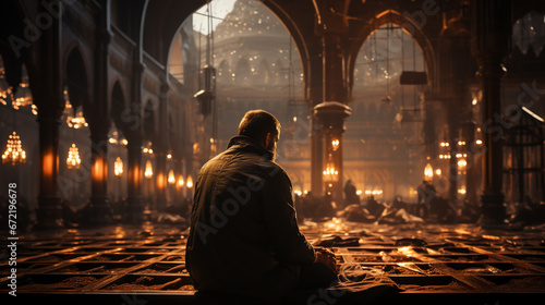 Muslim human praying inside the mosque.