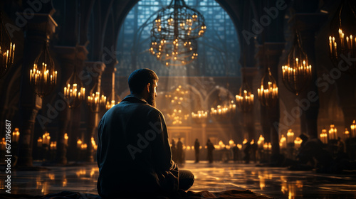 Muslim human praying inside the mosque.