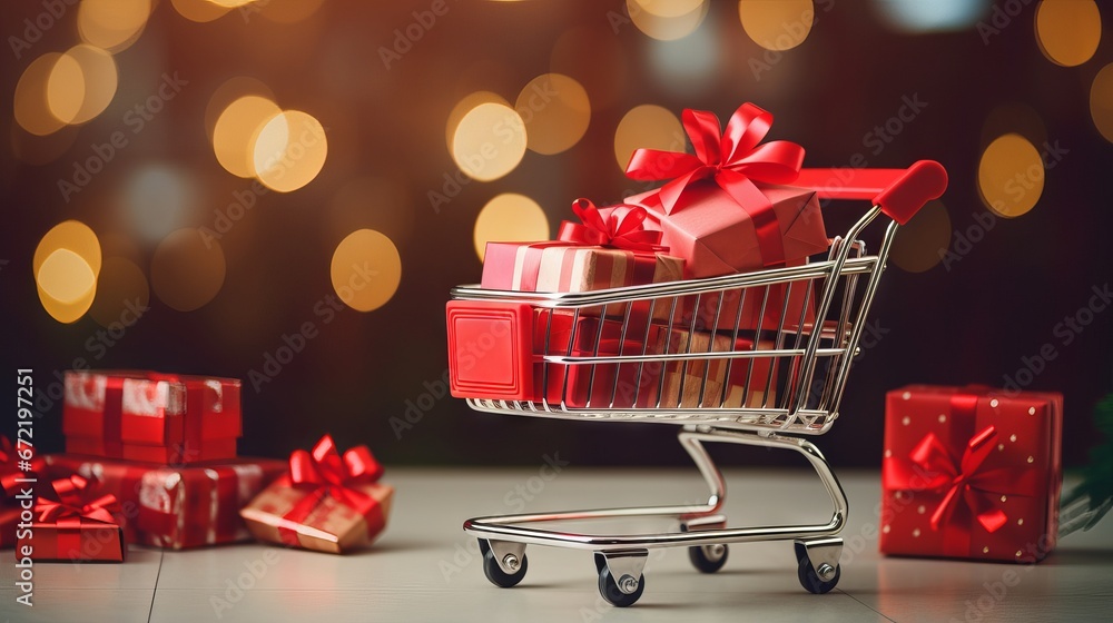 Joyful holiday shopping: festive gift boxes with red bows in supermarket trolley – Christmas & New Year sale concept