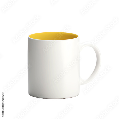 a white mug with yellow rim