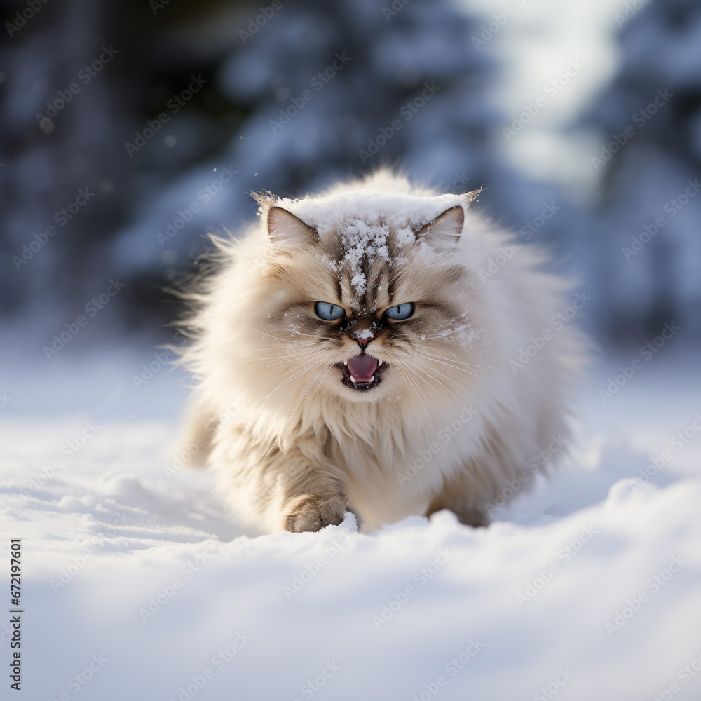 An Annoyed Feline Against a Snowy Backdrop: Capturing a Cat’s Discontent in the Winter Wonderland