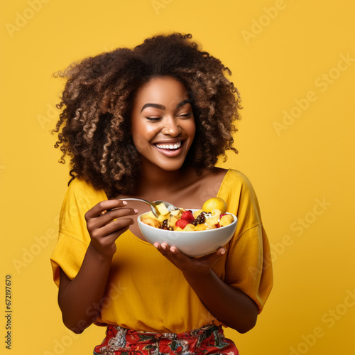 Black woman eating a healthy bowl of fruit.