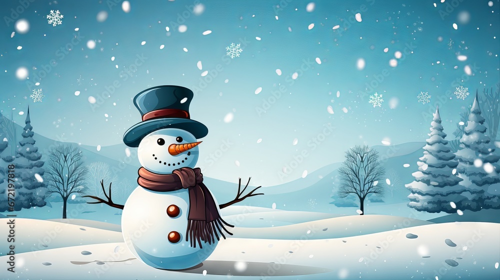 Snowy winter landscape with cute snowman and pine trees vector illustration with copy space