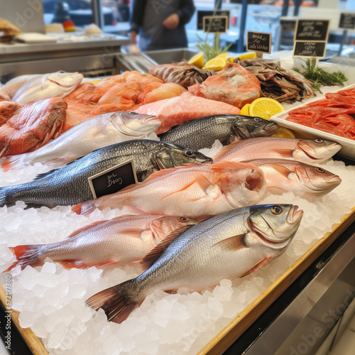 Window display of a fishmonger with fresh fish.