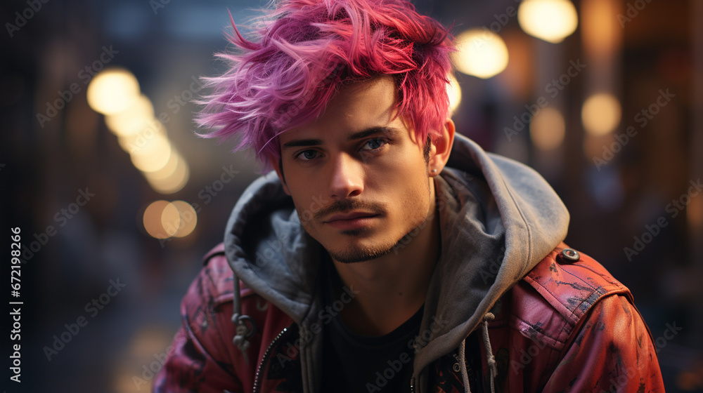 Young man in pink hair.
