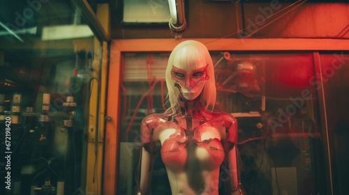 Cyberpunk slum junkyard cyber female robot, imperfect and expired scrap metal android with bald head, exaggerated humanoid features.