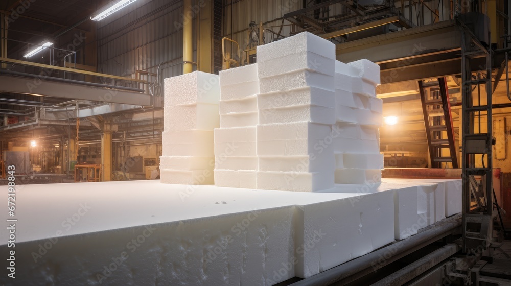 Factory Manufacturing Styrofoam: Industrial Process of Creating Versatile Insulating Sheets - obrazy, fototapety, plakaty 