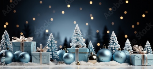 Christmas and New Year background - gift boxes, Christmas trees and toys on a background of bokeh garlands